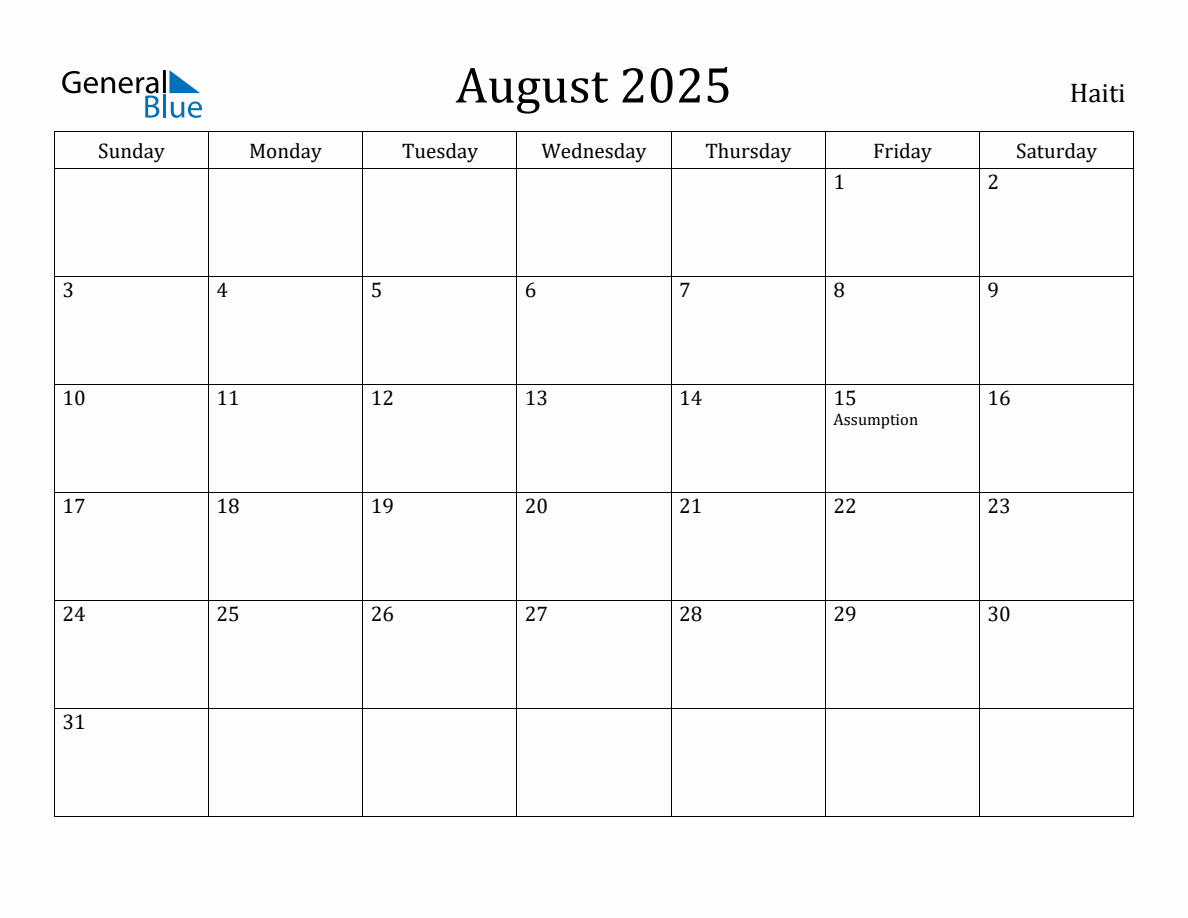 August 2025 Monthly Calendar with Haiti Holidays