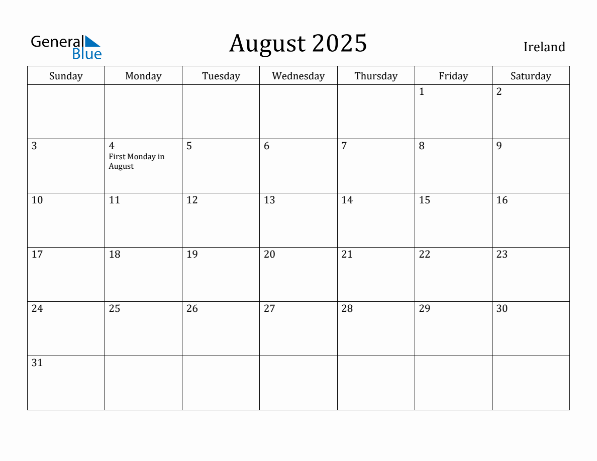 August 2025 Monthly Calendar with Ireland Holidays