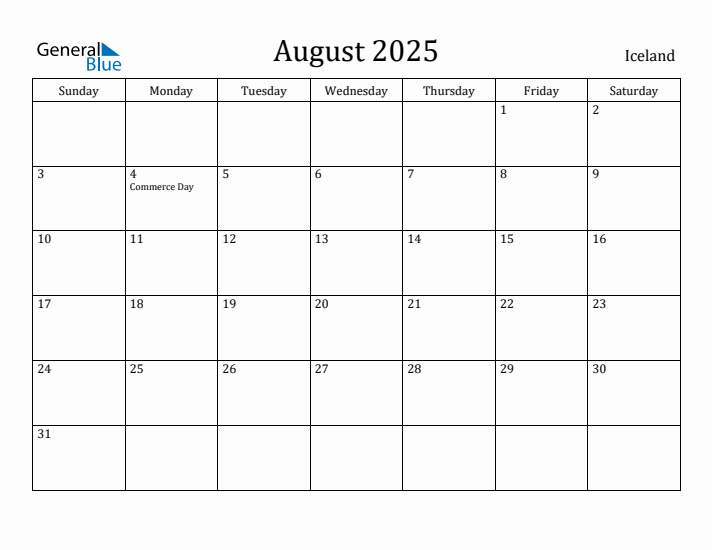 August 2025 Calendar Iceland