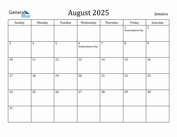 August 2025 Calendar Jamaica