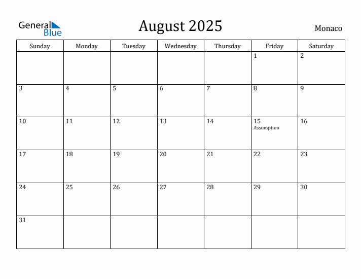 August 2025 Calendar Monaco