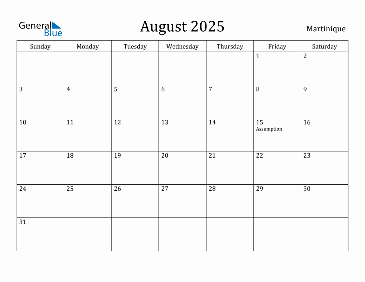 August 2025 Monthly Calendar with Martinique Holidays