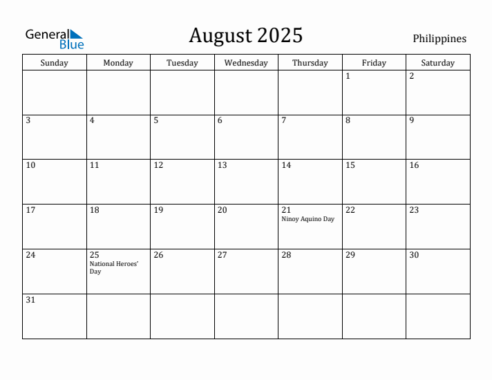 August 2025 Monthly Calendar with Philippines Holidays