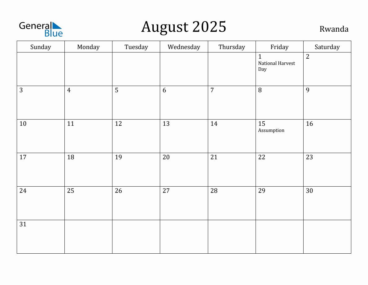 August 2025 Monthly Calendar with Rwanda Holidays