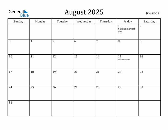 August 2025 Calendar Rwanda