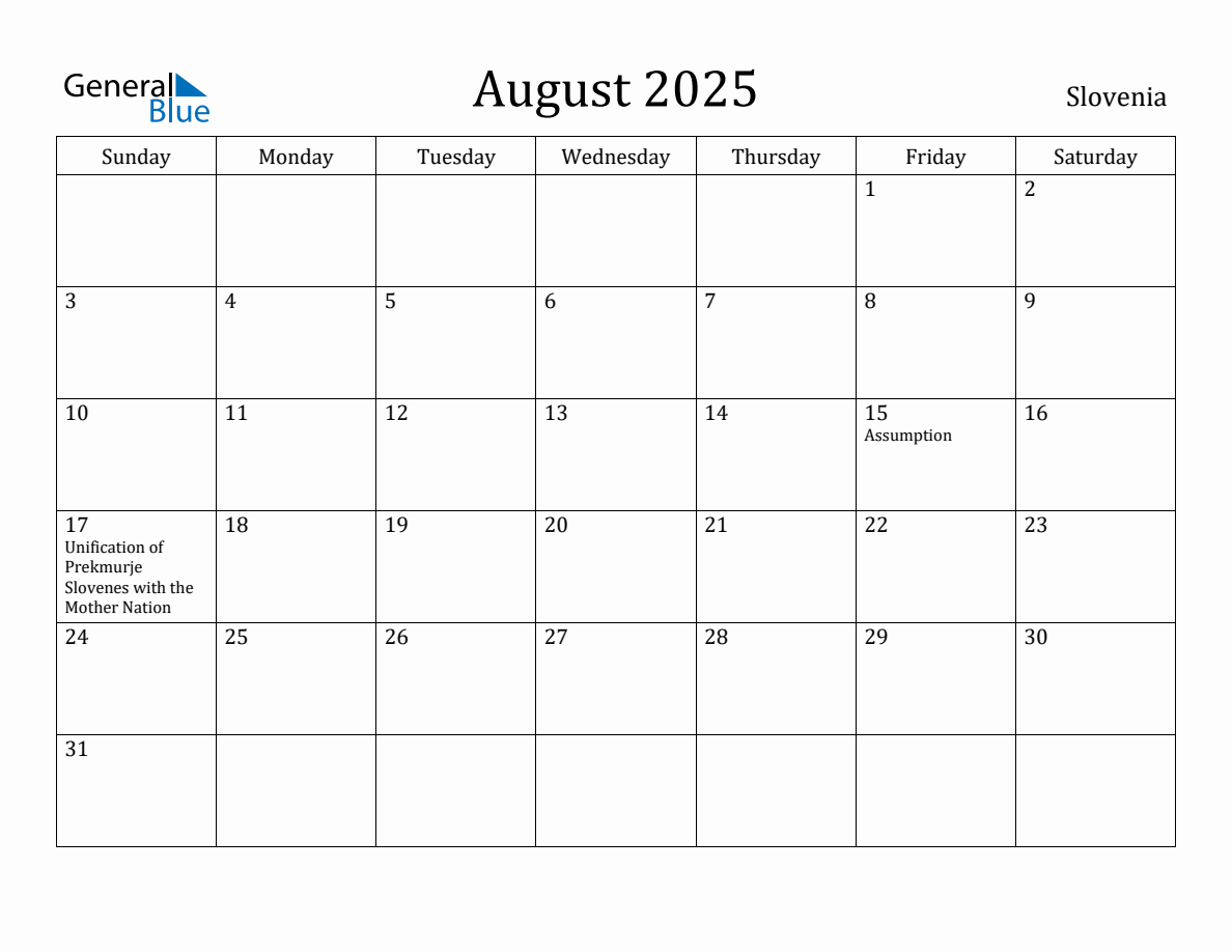 August 2025 Monthly Calendar with Slovenia Holidays
