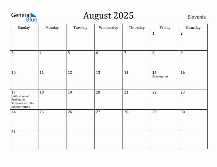 August 2025 Calendar Slovenia