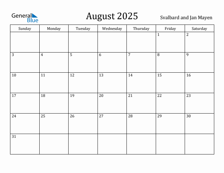 August 2025 Calendar Svalbard and Jan Mayen