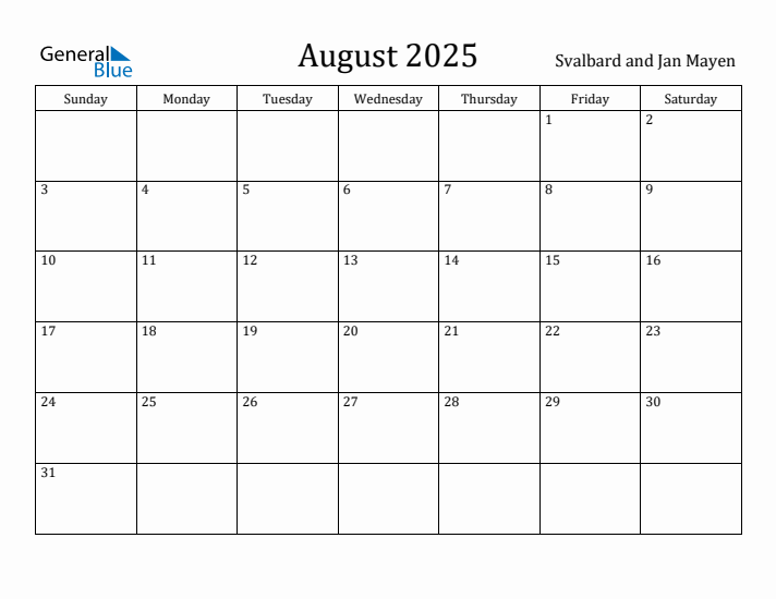 August 2025 Calendar with Svalbard and Jan Mayen Holidays