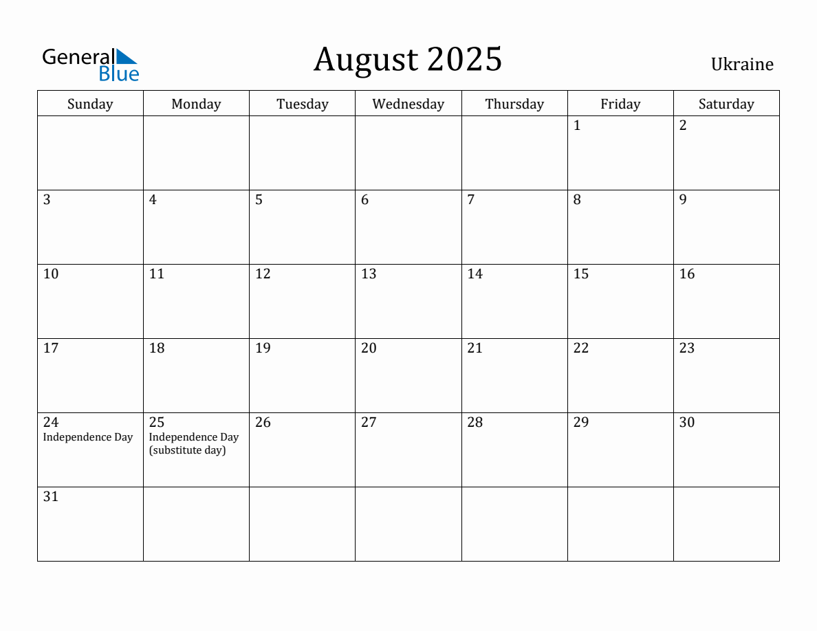 August 2025 Monthly Calendar with Ukraine Holidays