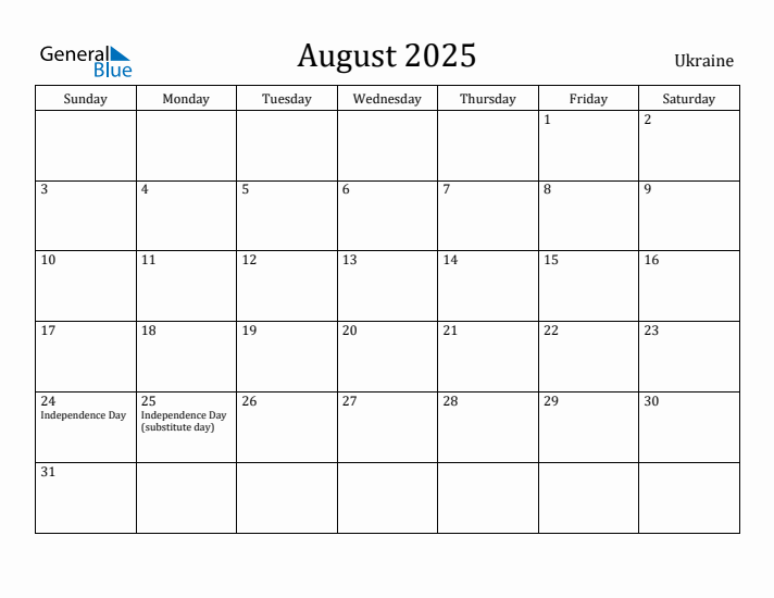 August 2025 Calendar Ukraine