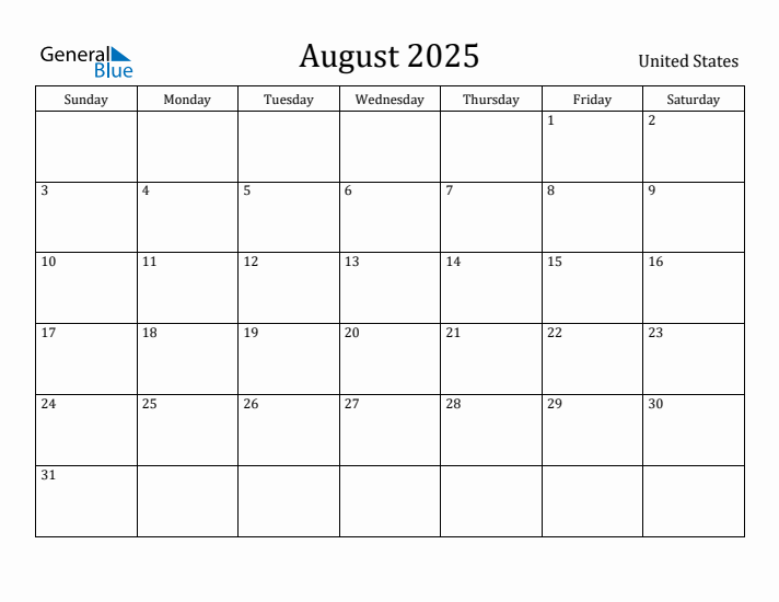 August 2025 Monthly Calendar with United States Holidays