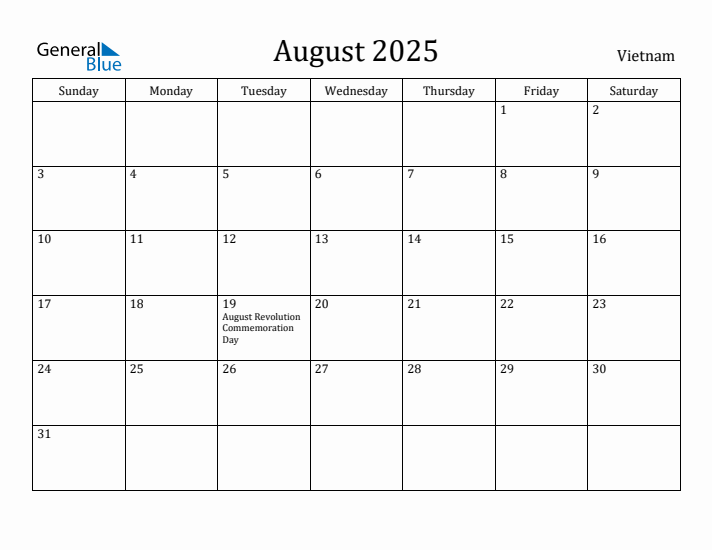 August 2025 Calendar with Vietnam Holidays