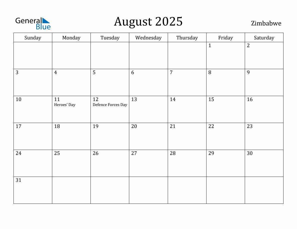 August 2025 Monthly Calendar with Zimbabwe Holidays