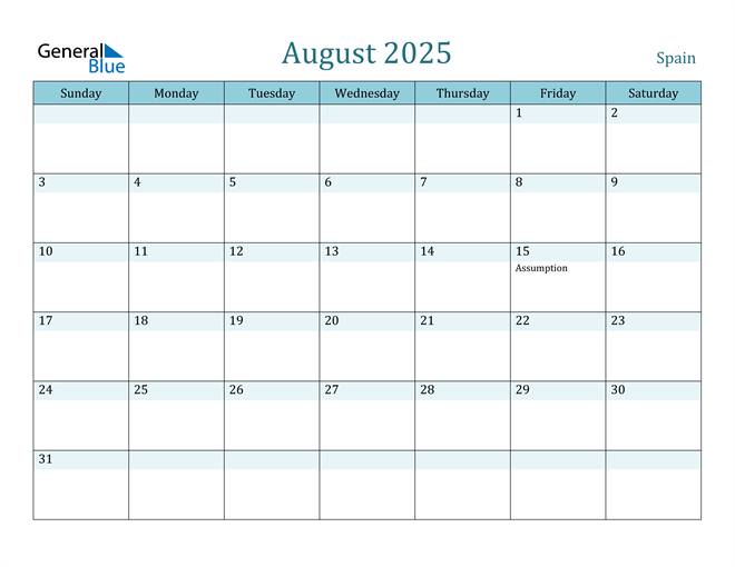 Spain August 2025 Calendar with Holidays