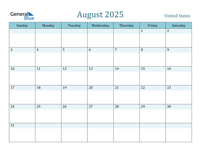 United States August 2025 Calendar with Holidays