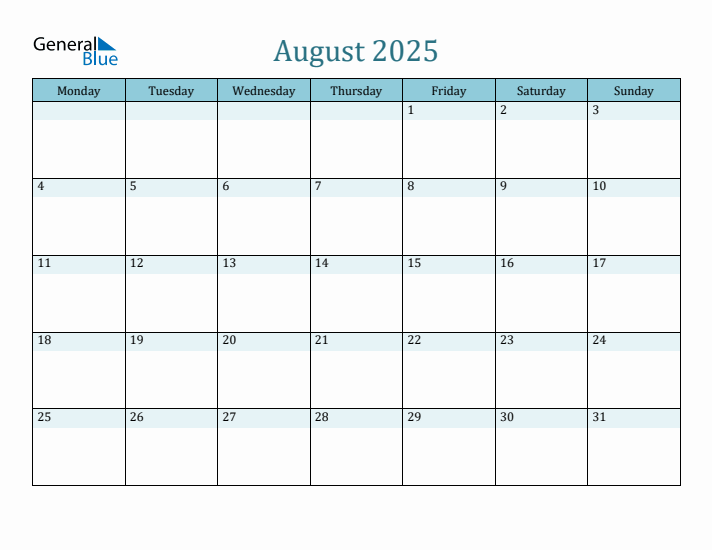 August 2025 Monthly Calendar Template (Monday Start)