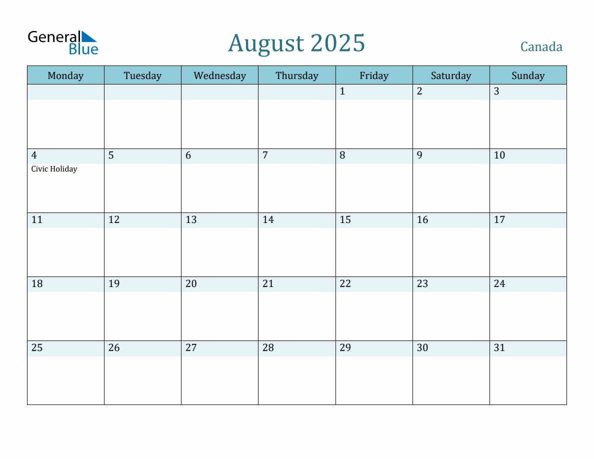 Canada Holiday Calendar for August 2025