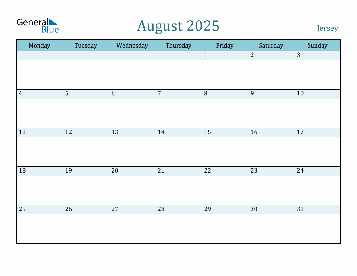 Jersey Holiday Calendar for August 2025