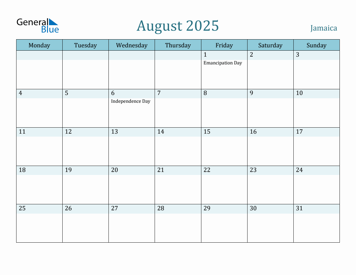 Jamaica Holiday Calendar for August 2025