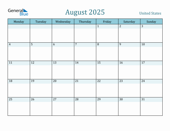 United States Holiday Calendar for August 2025