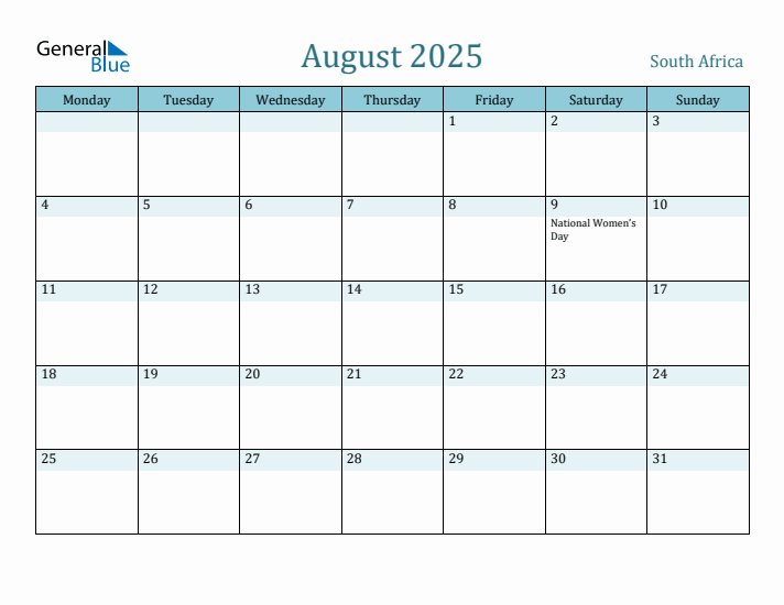 August 2025 South Africa Monthly Calendar with Holidays