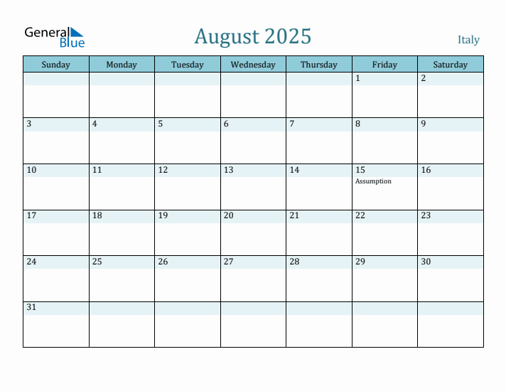 August 2025 Calendar with Italy Holidays