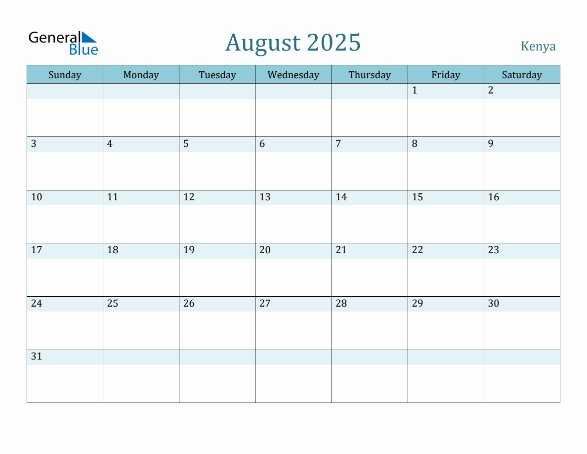 Kenya Holiday Calendar for August 2025