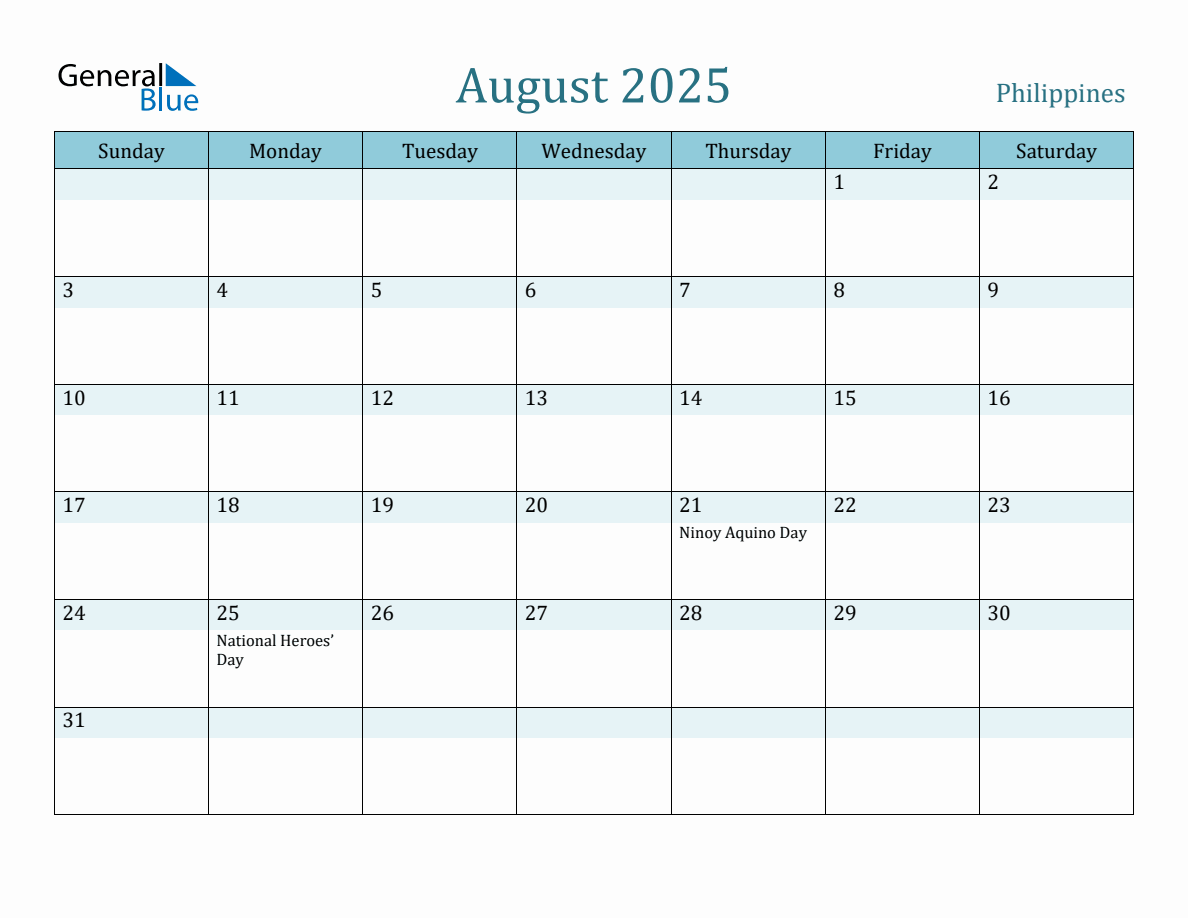 Philippines Holiday Calendar for August 2025