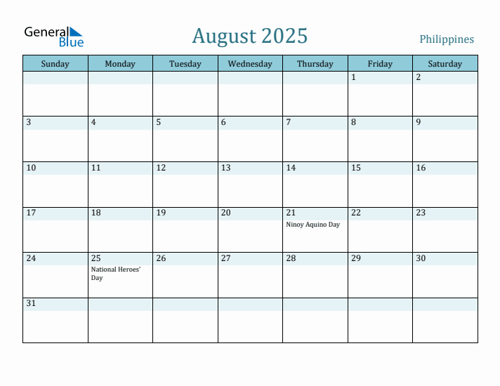 August 2025 Monthly Calendar with Philippines Holidays