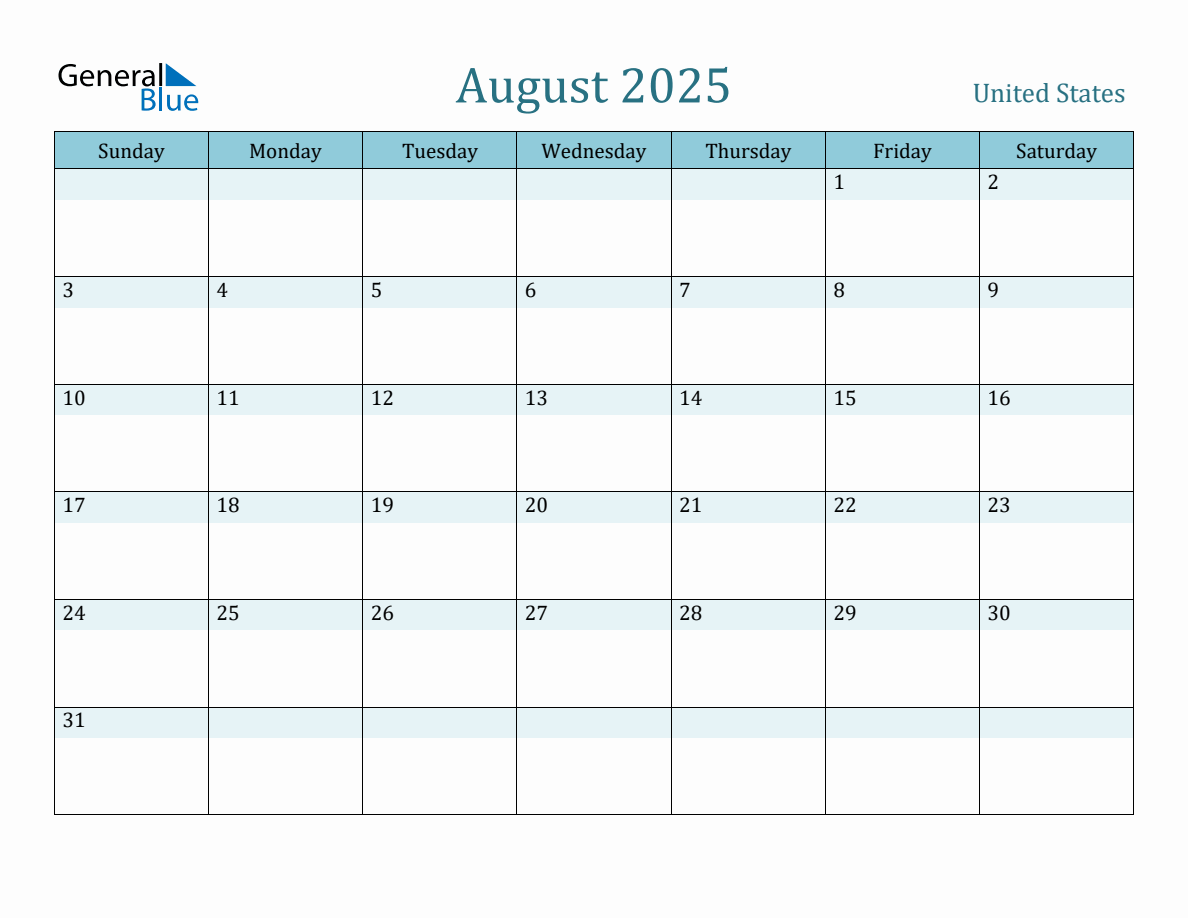 United States Holiday Calendar for August 2025