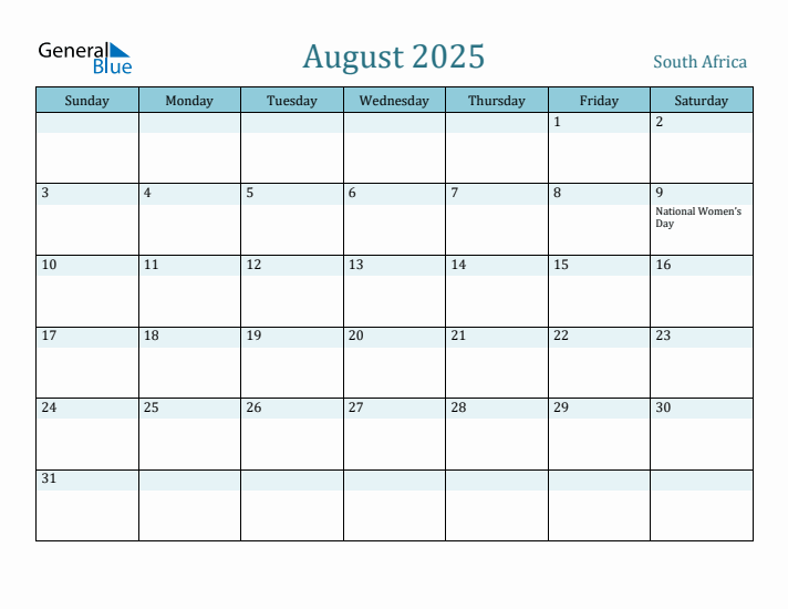 South Africa Holiday Calendar for August 2025