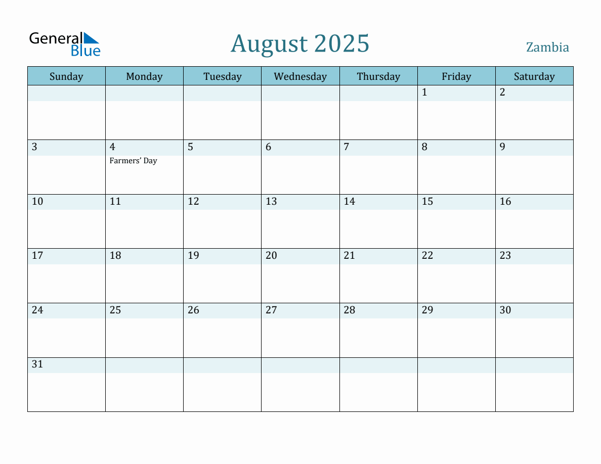 Zambia Holiday Calendar for August 2025