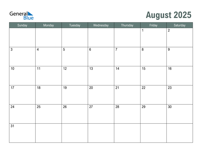 August 2025 Calendar (PDF Word Excel)