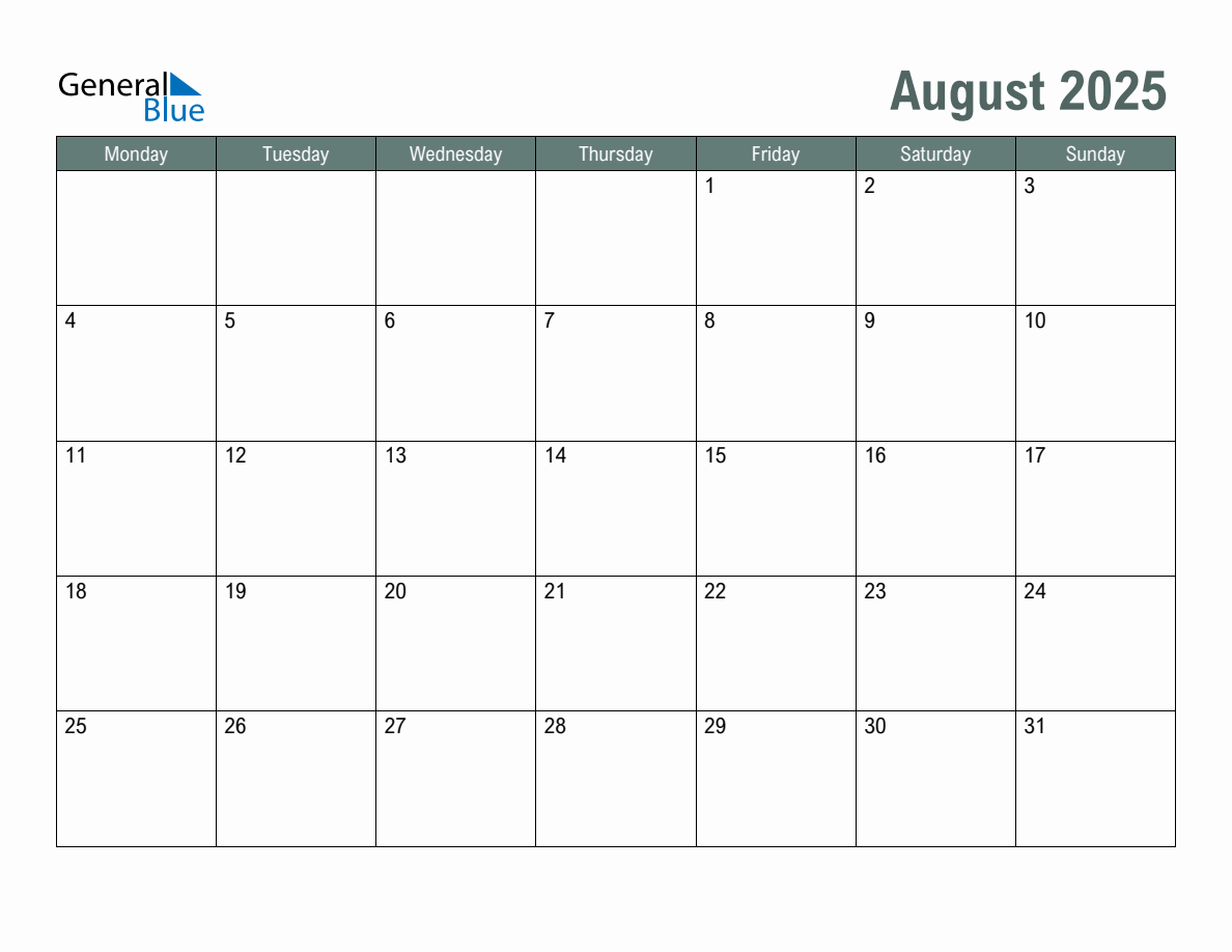 Blank August 2025 Monthly Calendar Template