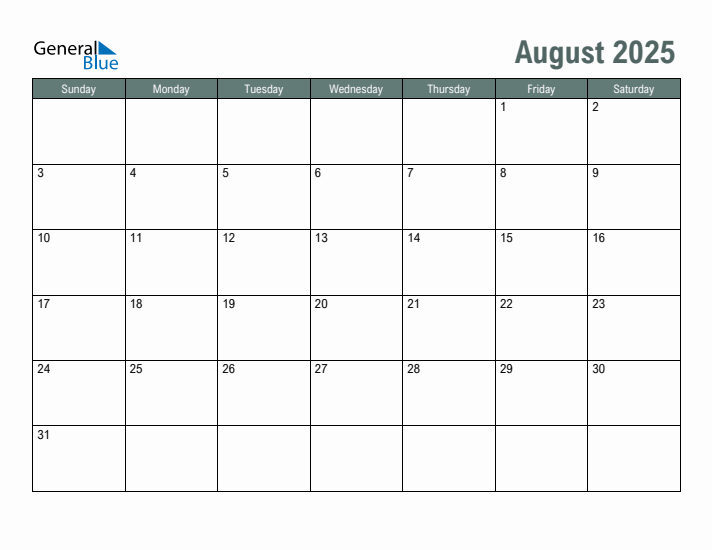 Free Printable August 2025 Calendar