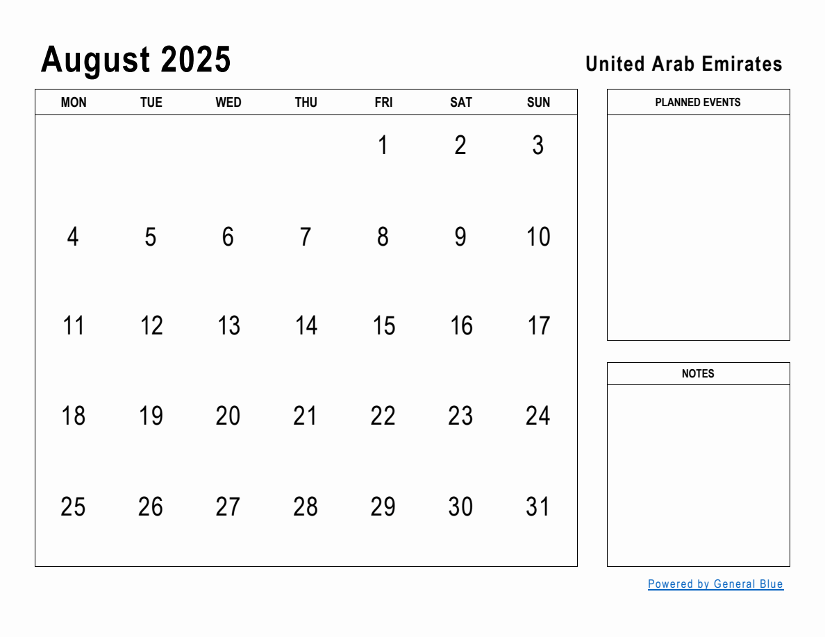 August 2025 Planner with United Arab Emirates Holidays