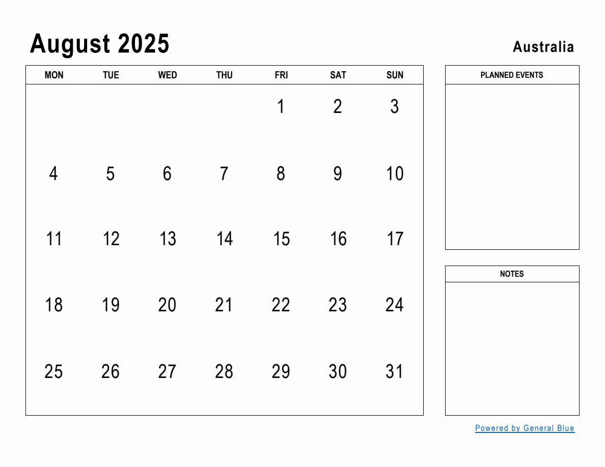 August 2025 Planner with Australia Holidays