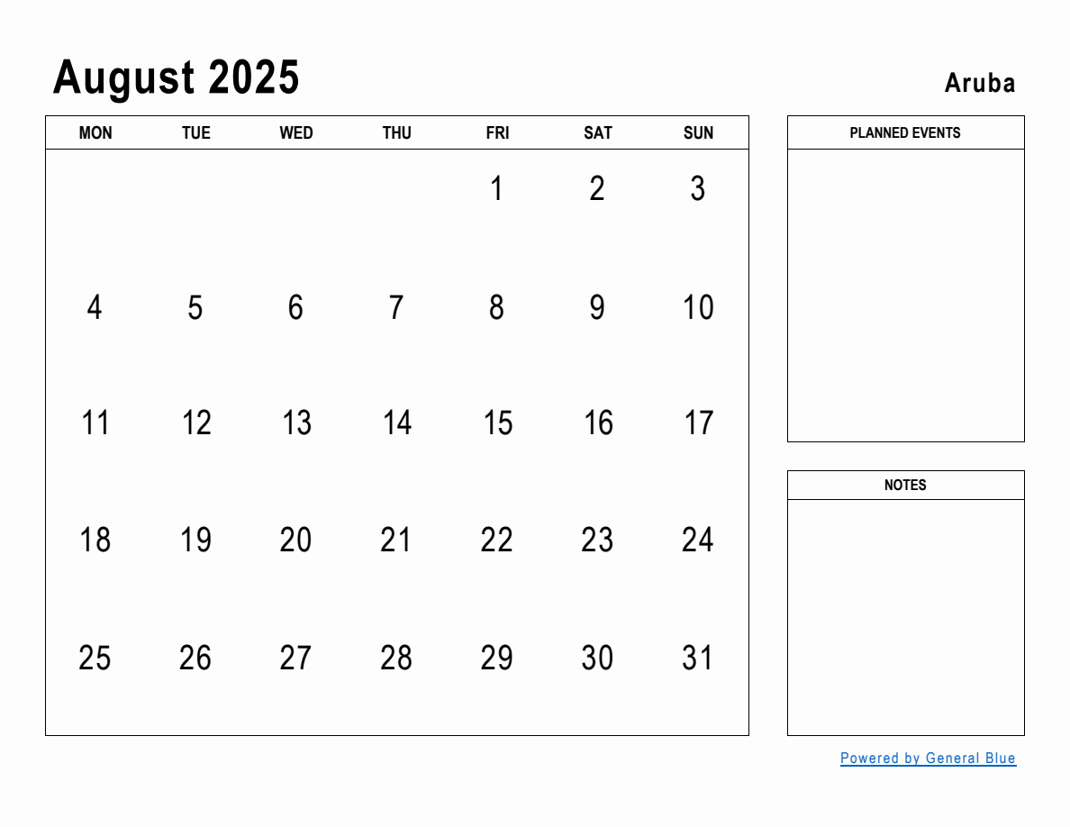 August 2025 Planner with Aruba Holidays