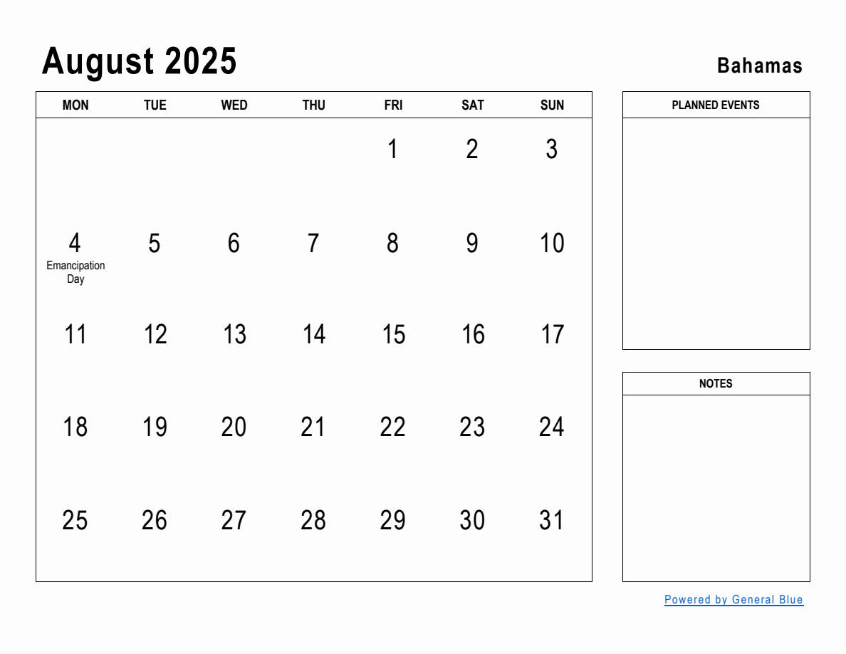August 2025 Planner with Bahamas Holidays