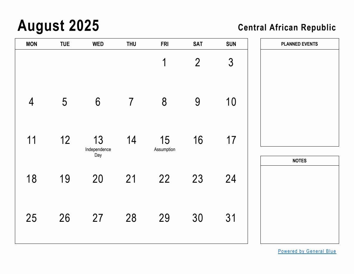 August 2025 Planner with Central African Republic Holidays