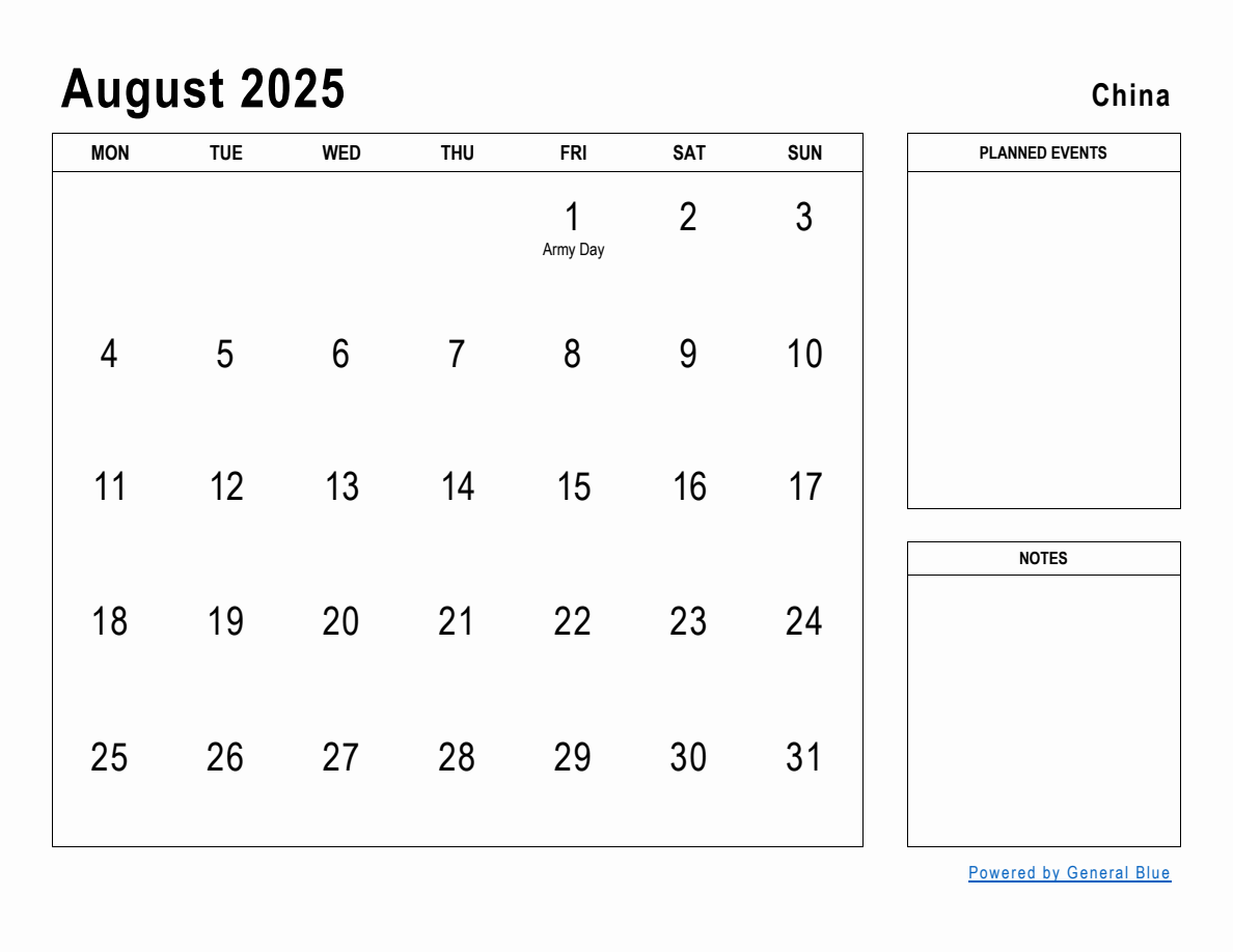 August 2025 Planner with China Holidays