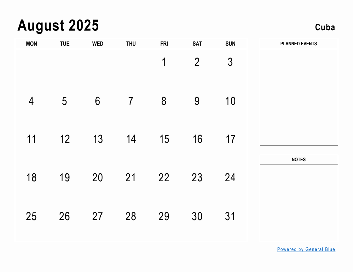 August 2025 Planner with Cuba Holidays