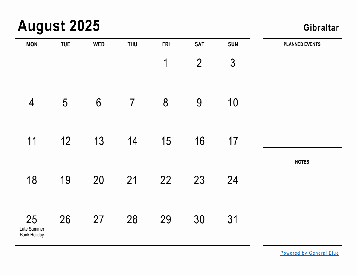 August 2025 Planner with Gibraltar Holidays