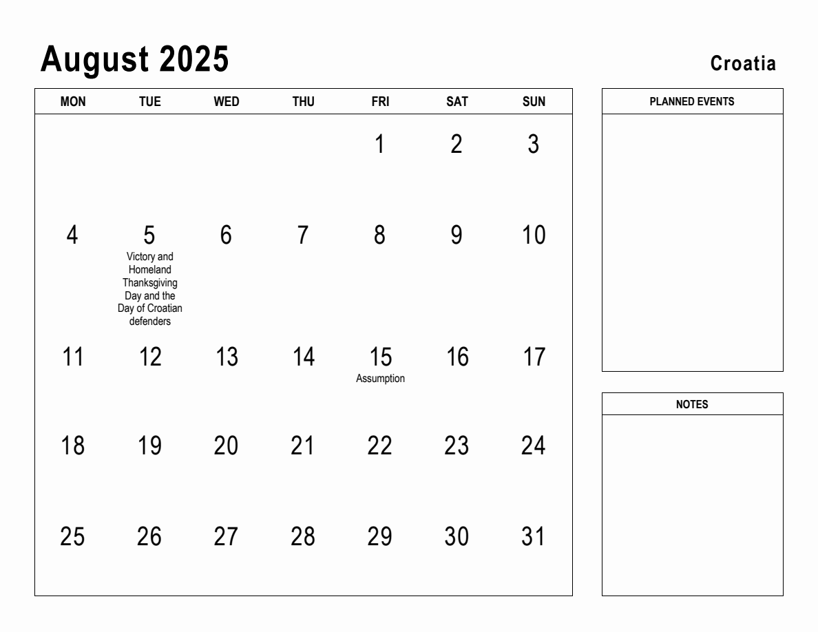 August 2025 Planner with Croatia Holidays