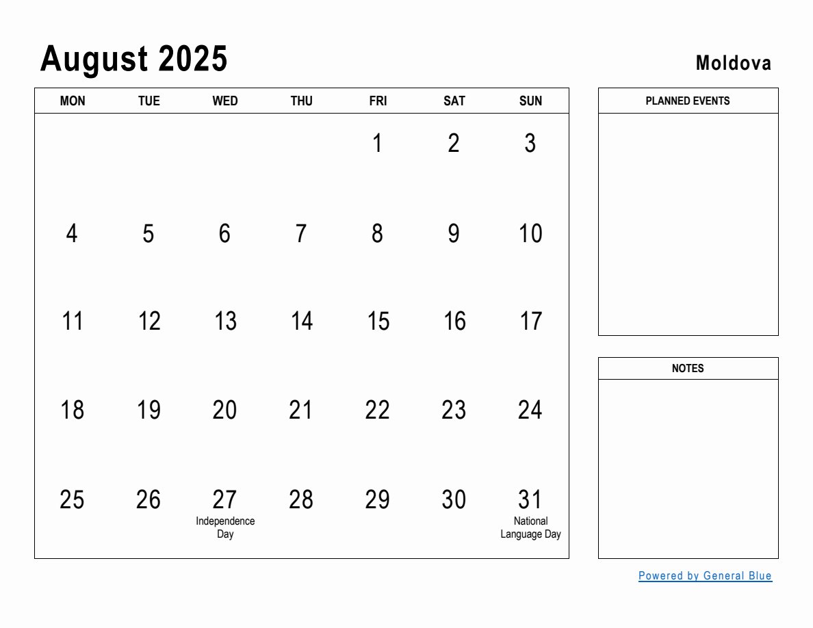 August 2025 Planner with Moldova Holidays