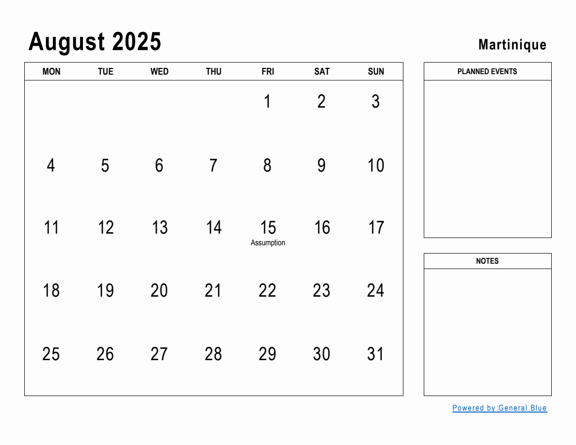 August 2025 Planner with Martinique Holidays