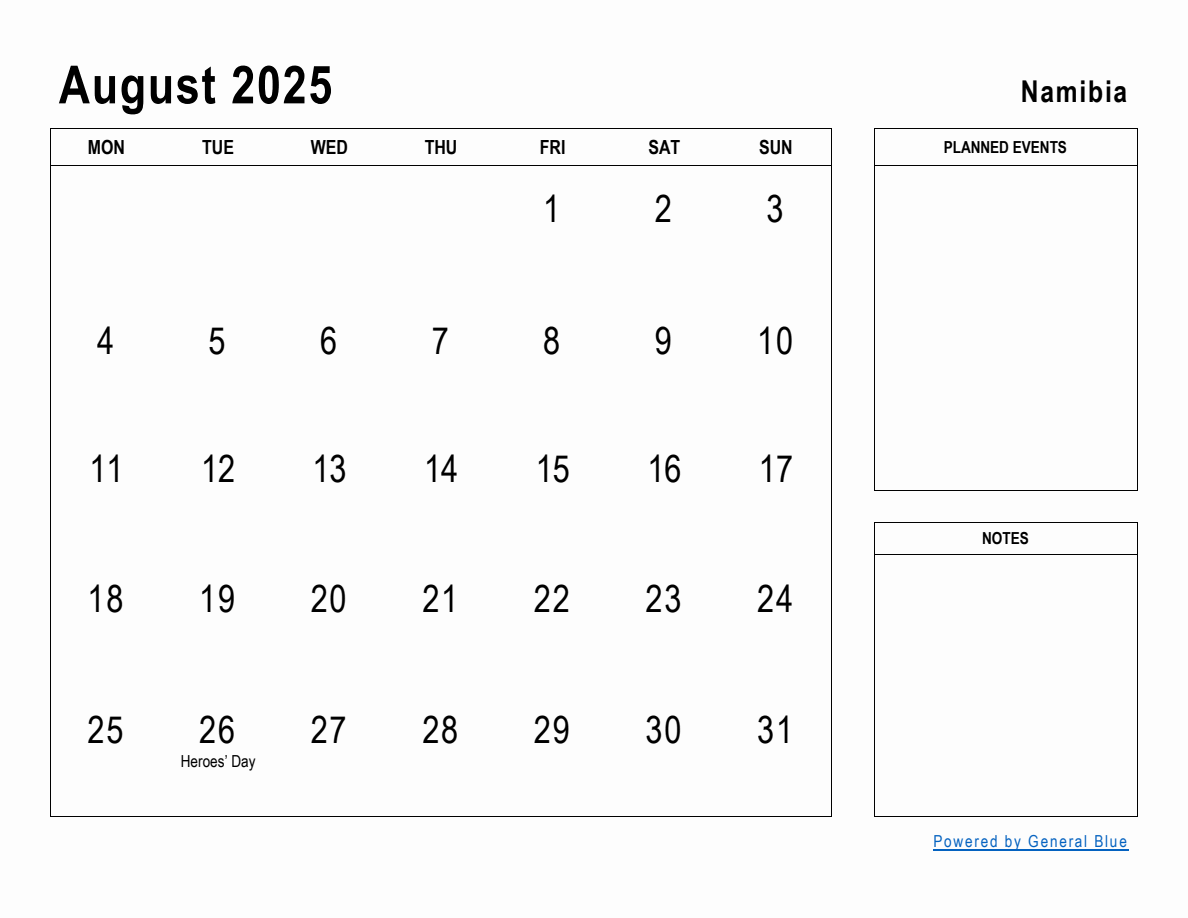 August 2025 Planner with Namibia Holidays