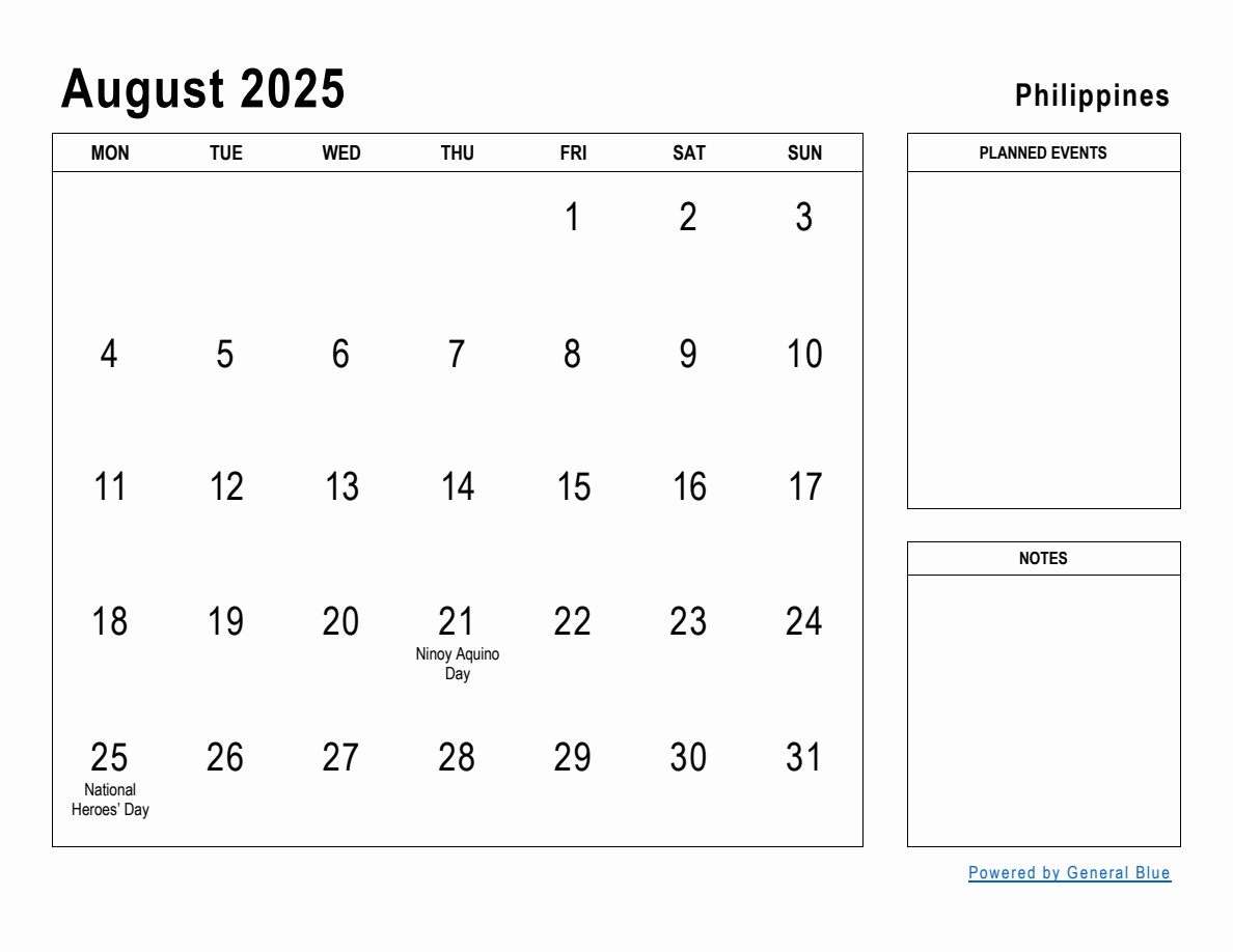 August 2025 Planner with Philippines Holidays