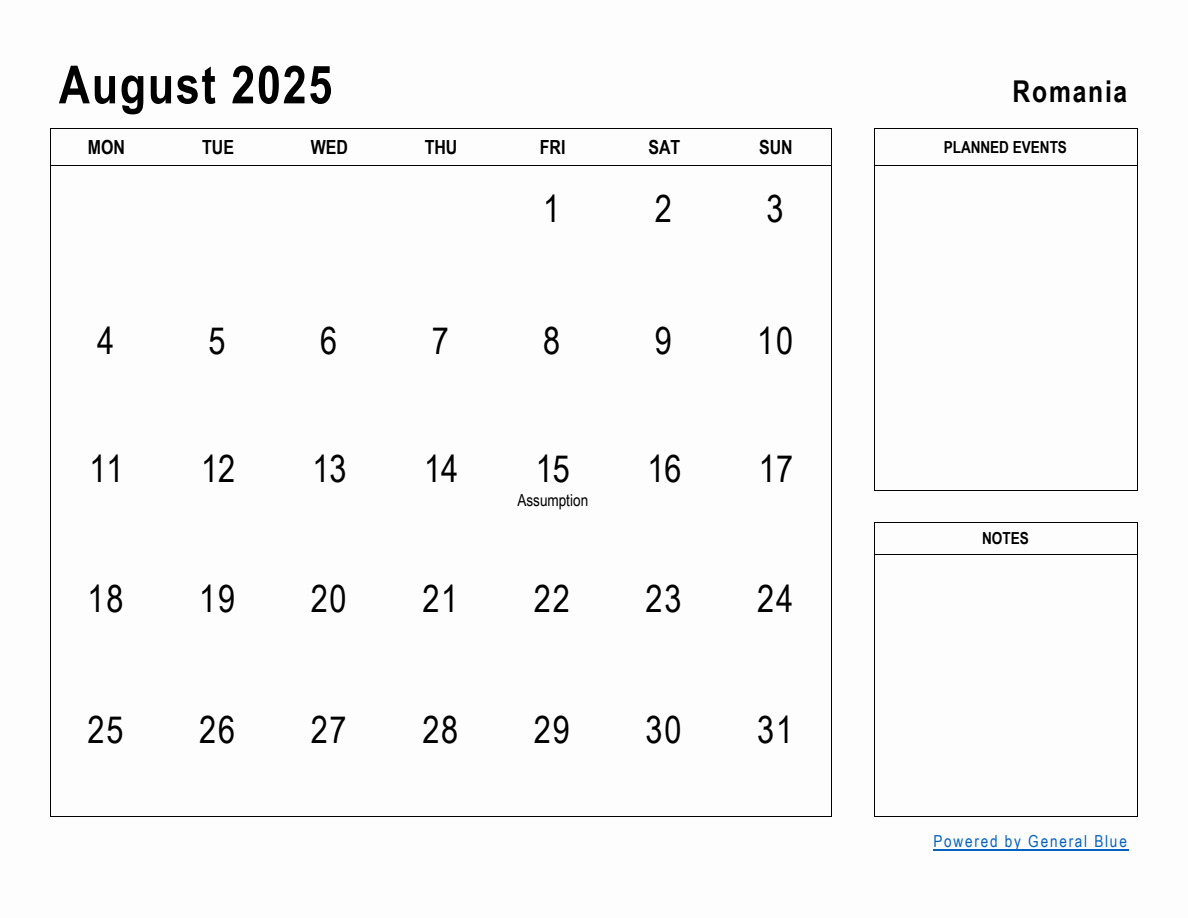 August 2025 Planner with Romania Holidays